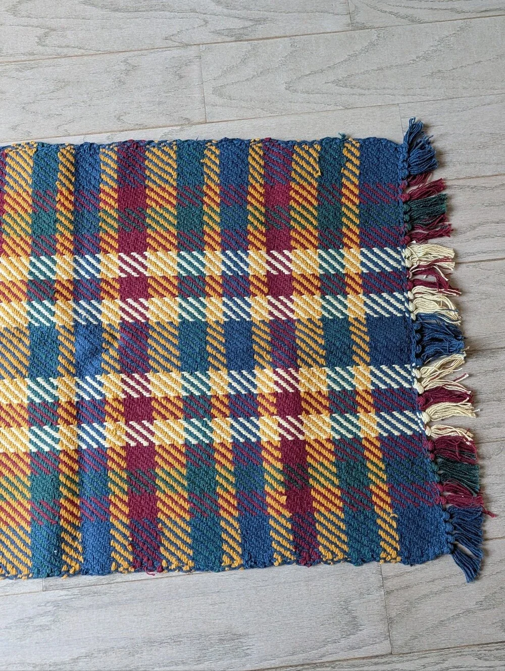 vintage 1990's HANDWOVEN COTTON RUG 90's plaid
